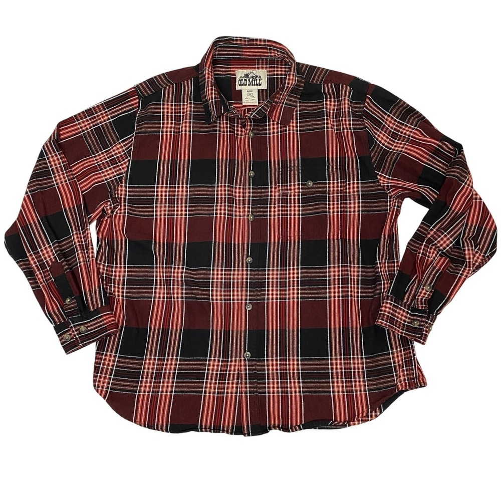 Old Mill Button Up Shirt Mens 2XL Red‎ Black Plaid Flannel Outdoor